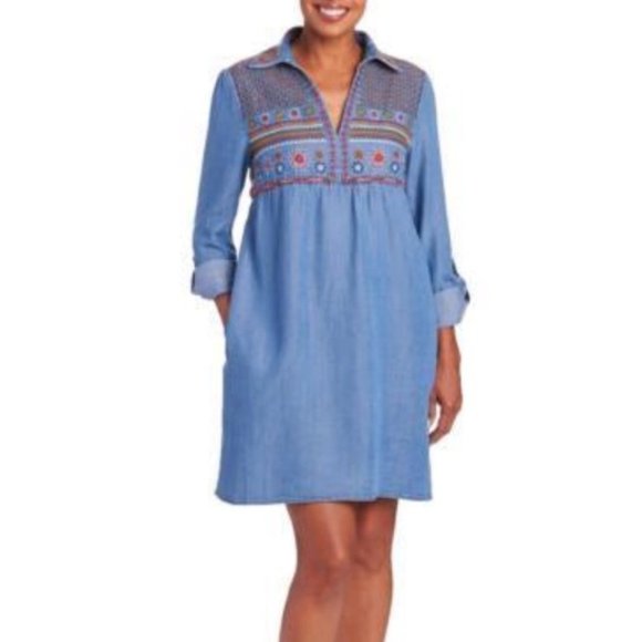 Embroidered Bodice Blue Chambray Shirt Dress - Picture 1 of 7